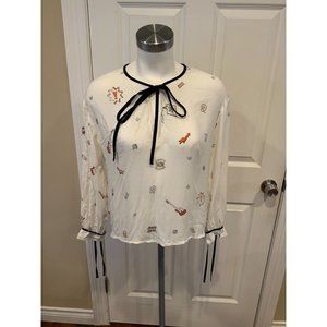 Zara Trafaluc White V-Neck Rear Button-Up Rock & Roll Patterned shirt Sz Small
